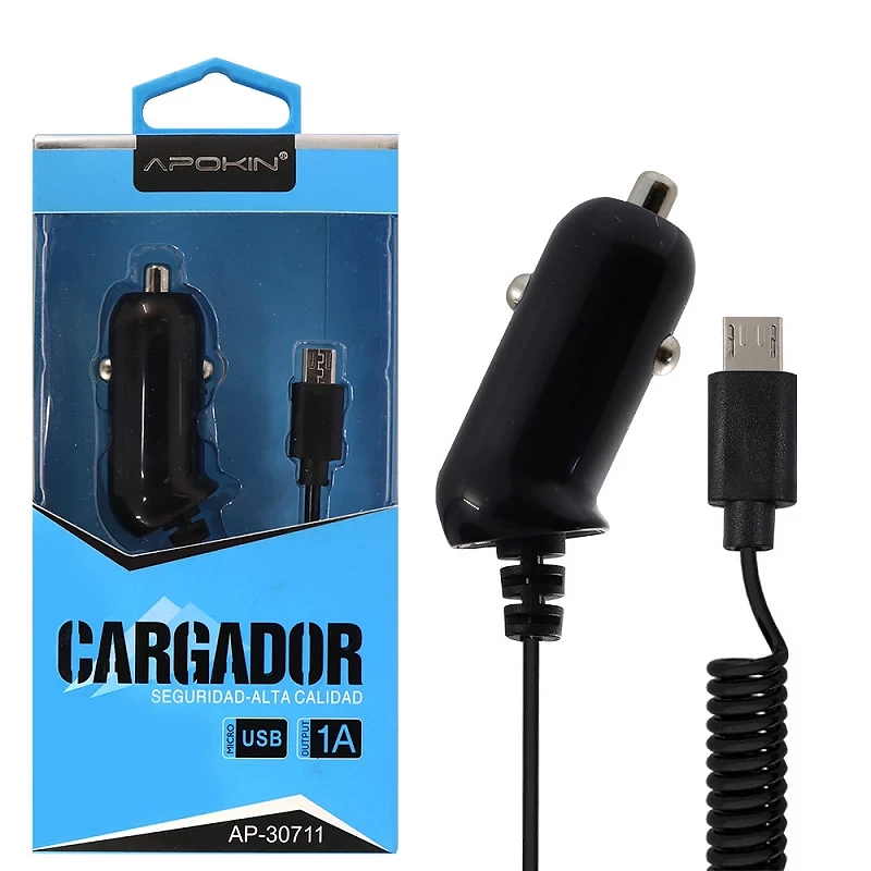 (Pack 12) Cargadores Coche APOKIN 1A con Cable microUSB de 1 Metro - Negro