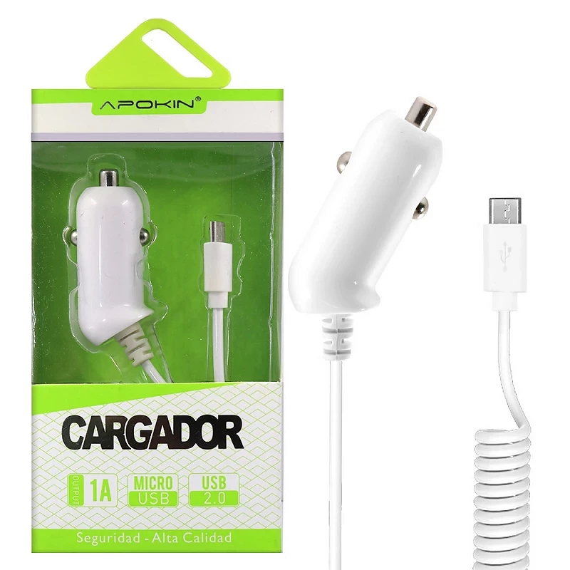 (Pack 12) Cargadores Coche APOKIN 1A con Cable microUSB de 1 Metro - Blanco