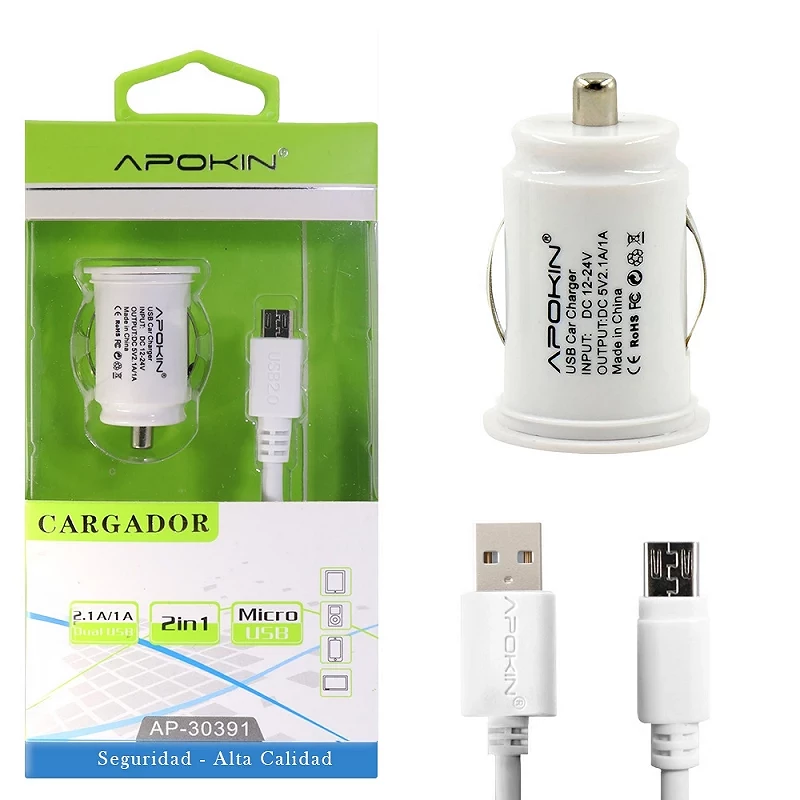 (Pack 12) Cargadores Coche 2 USB 2.1A APOKIN + Cable microUSB de 1 Metro - Blanco
