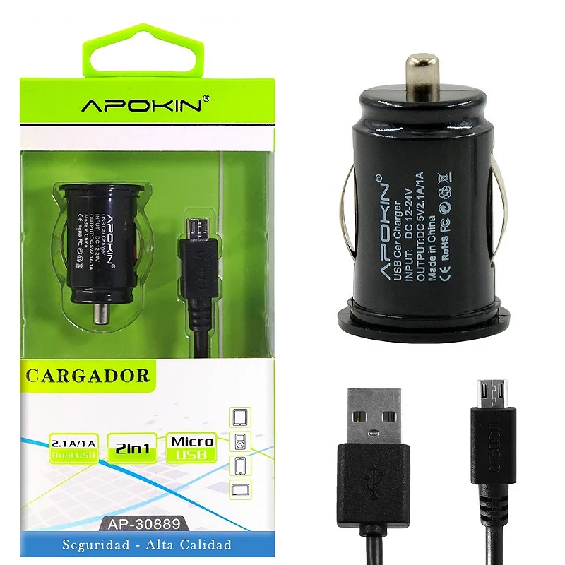 (Pack 12) Cargadores Coche 2 USB 2.1A APOKIN + Cable microUSB de 1 Metro - Negro