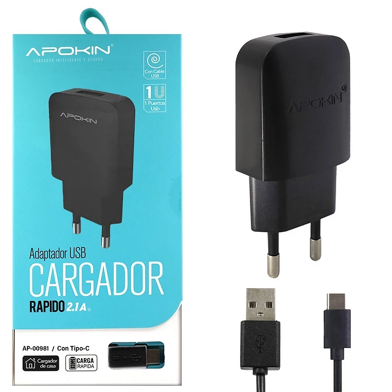 Cargador Red USB 2.1A APOKIN + Cable Tipo C de 1 Metro - Negro
