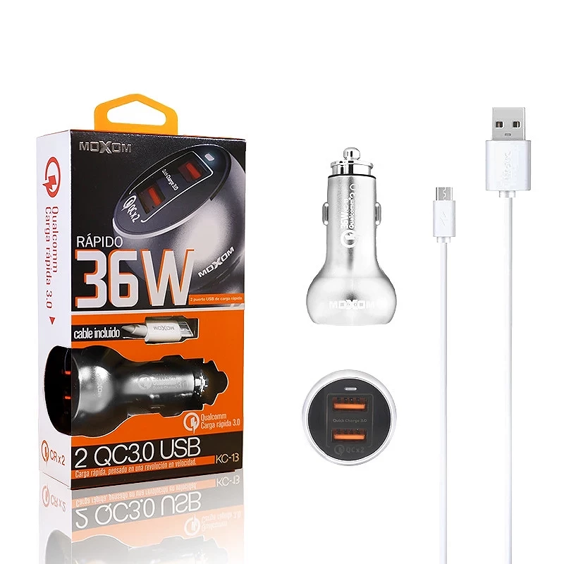 Cargador Coche MOXOM KC-13 Quick Charge 3.0 + Cable MicroUSB